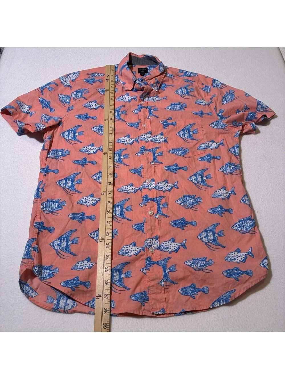 J.Crew Men M Medium Button Up Shirt Fish Pocket Hawaiian Summer Salmon Red Blue